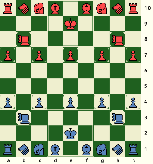 Diagram of Janggi board with initial array of westernized pieces